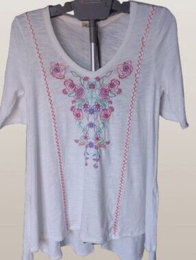 NWT Mod-o-doc Embroidered Floral Boho Tunic Top Cottagecore Festival Coastal S